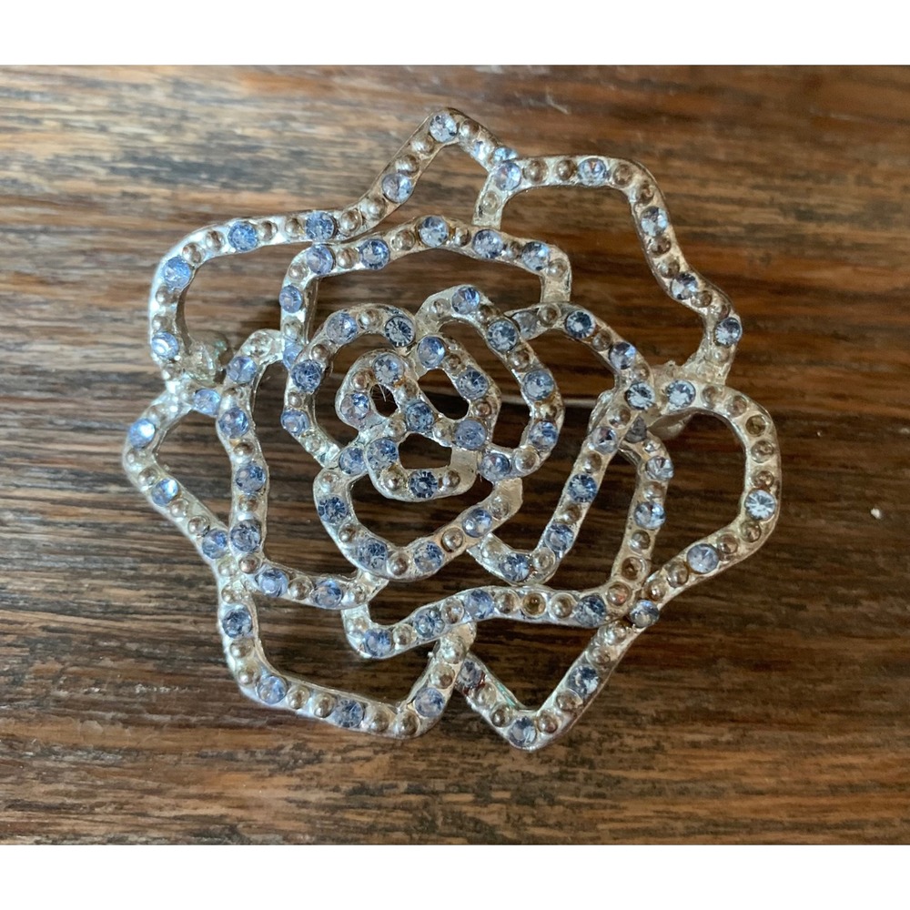Rose Brooch Pin Silver Blue Rhinestone Vintage Retro Y2K Fairycore Whimsigoth